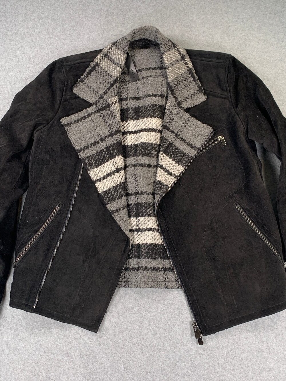 DROMe Black Suede Plaid Wool Reversible Moto Jacket Men's Size M